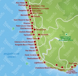 Карта Шри-Ланки, юго-западное побережье